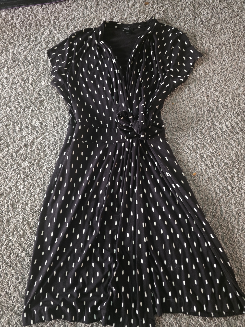 Ann Taylor Black Midi Dress with White Dash Print and Tie Waist
